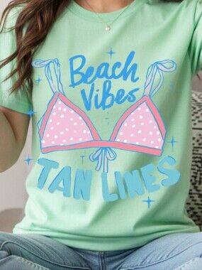 Gildan Mint Green "Beach Vibes Tan Lines" Short Sleeve Tee with Pink Graphic